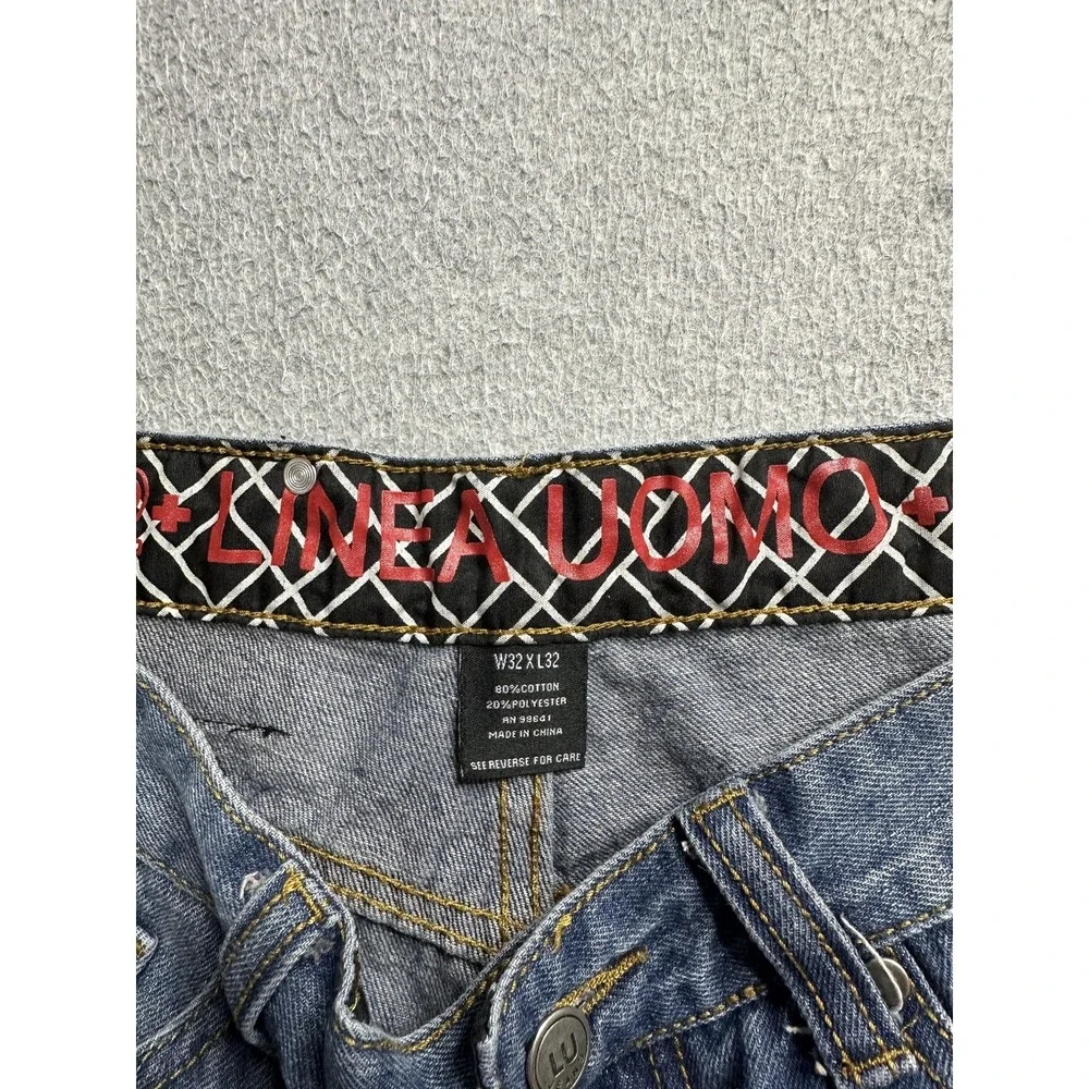 Linea Uomo Jeans Mens 32x32 Blue Straight Leg Denim Pants V Pocket Embroidery
